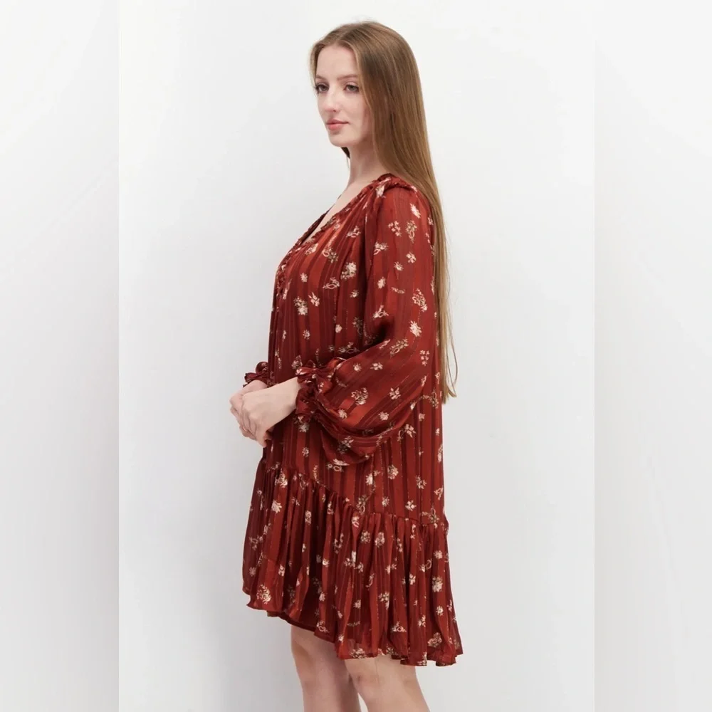 En Saison Floral Printed Drop Waist Mini Dress in Rust - Bump Friendly